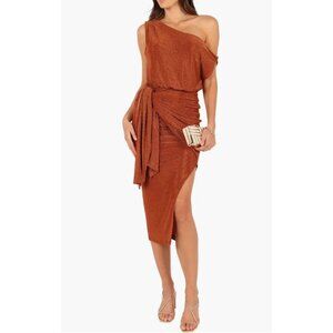 Santiago Metallic Side Tie One-Shoulder Midi Dress